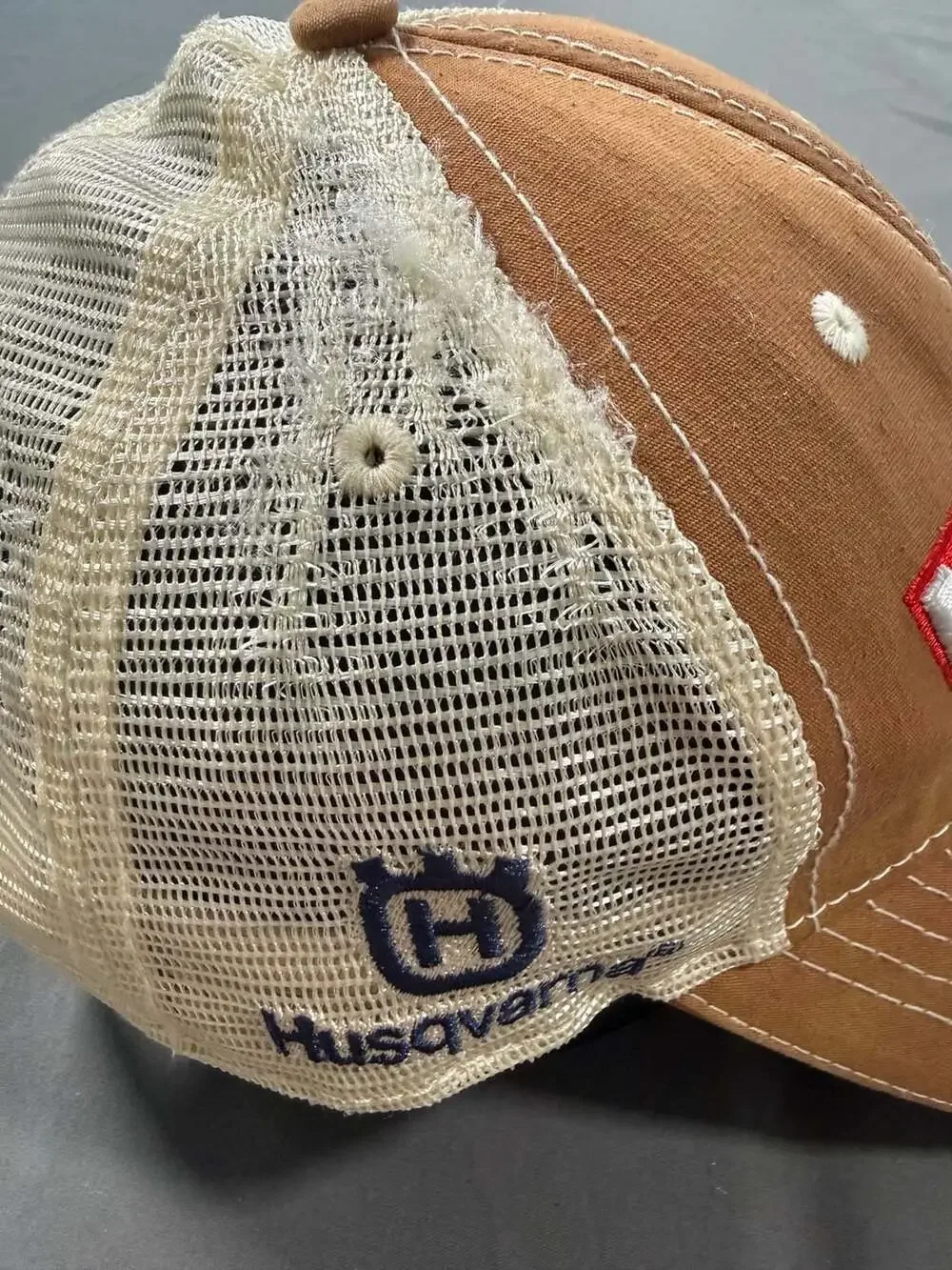 Oak Construction Supply Husqvarna Trucker Hat Brown Tan Snapback Cap